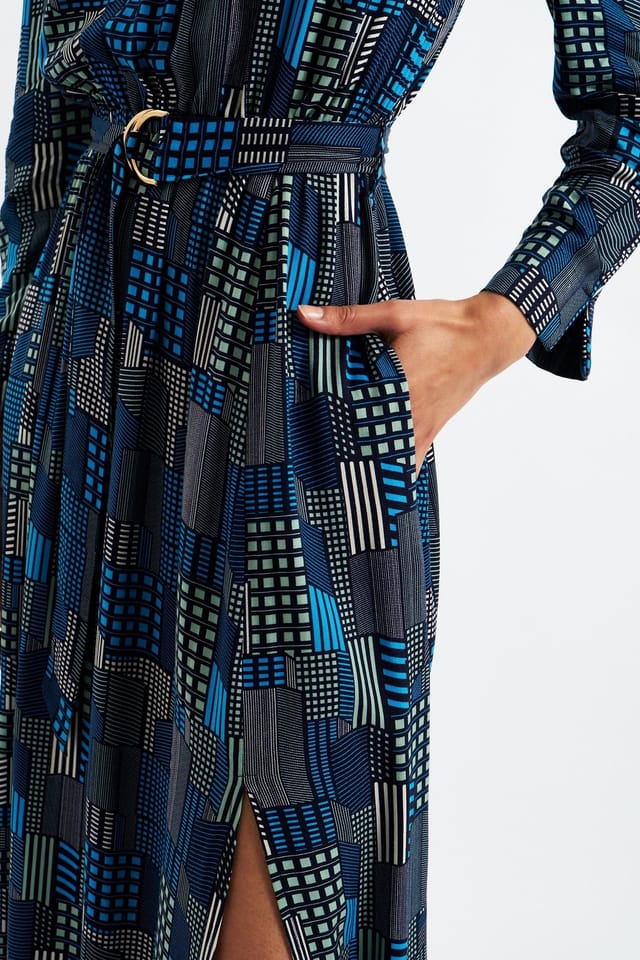 Louche Louche Women's Ygritte Geo City Print Long Sleeve Midi Dress in Blue - 3