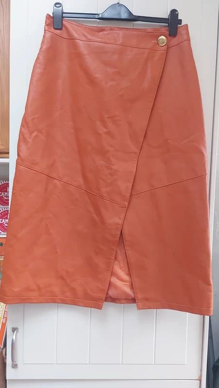 ASOS Faux leather midi wrap skirt, lined, 14, gold button, rust colour