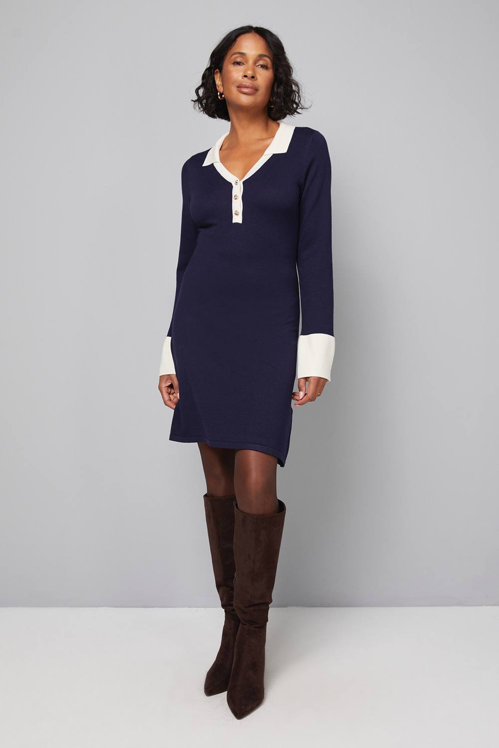 Wallis Wallis Women's Polo Button Through Knitted Dress in Navy - 2