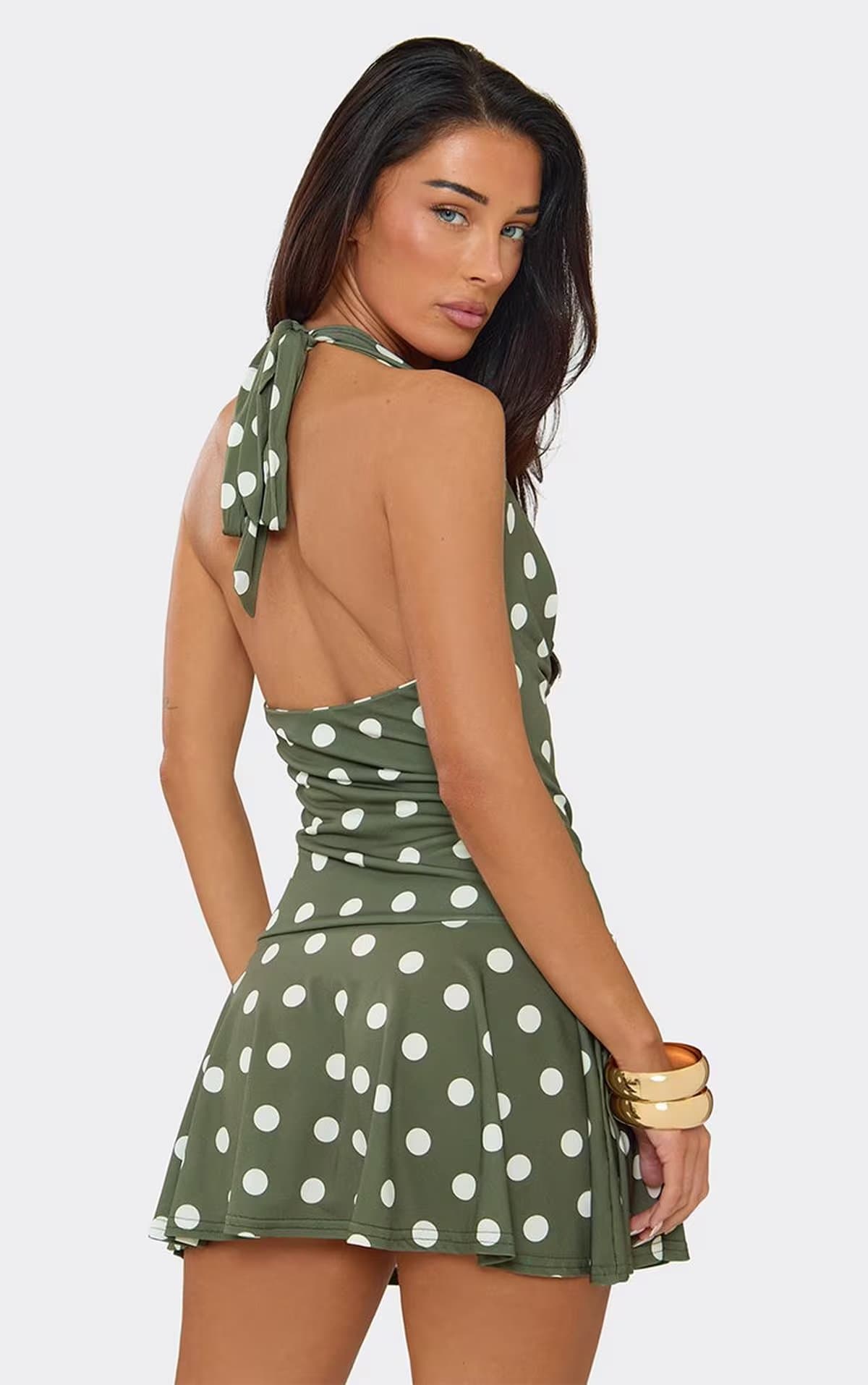 EGO Cowl Halterneck Frilled Hem Mini Dress In Khaki Polka Dot, Women's Size UK 6