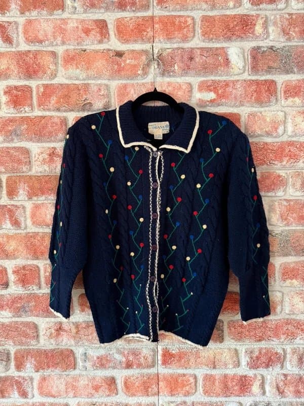 Deans of Scotland 80s Vintage Navy and Multicoloured Embroidered Wool Cardigan