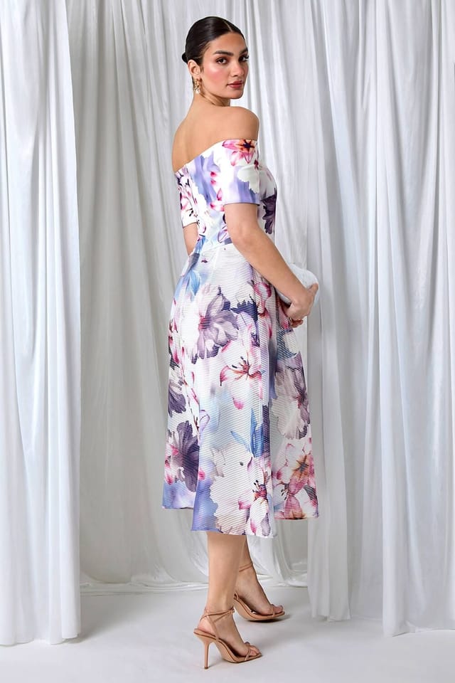 Ariella Ariella Women's Floral Print Premium Stretch Bardot Dress in Grey - 2