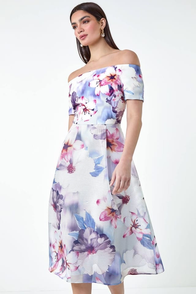 Ariella Ariella Women's Floral Print Premium Stretch Bardot Dress in Grey - 3