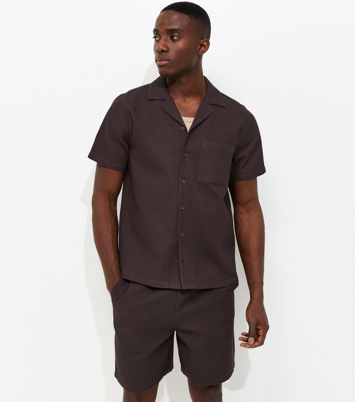 New Look Men's Dark Brown Regular Waffle Shirt New Look