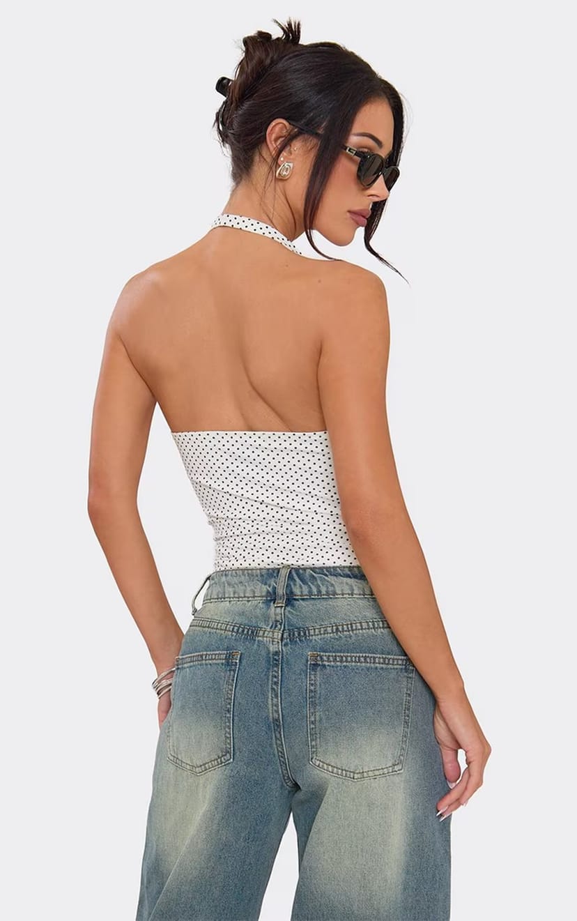 EGO Halterneck Top In White Polka Dot., Women's Size UK 6 - 1