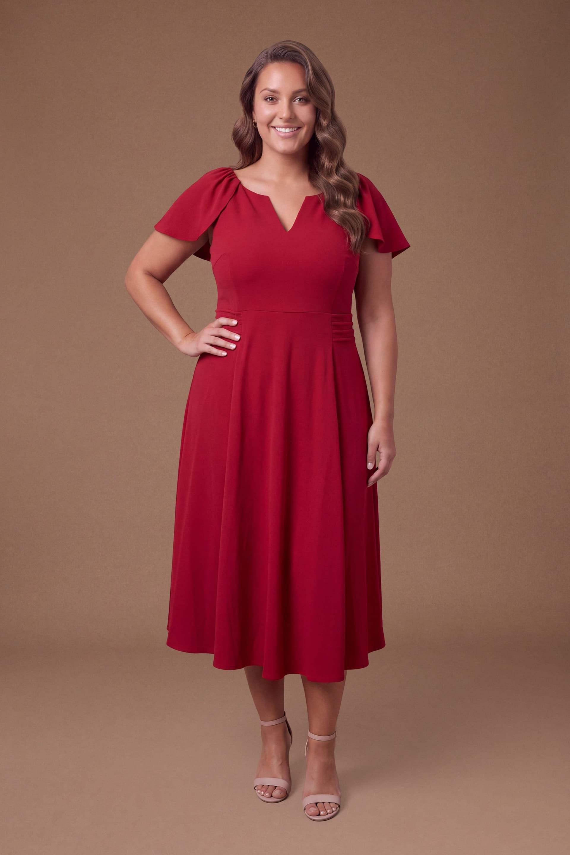 Coast Coast Women's Plus V Neck Short Sleeve Ponte Midi Dress in Berry