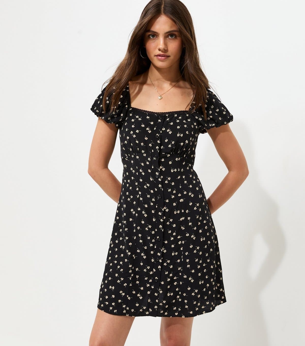 New Look Women's Black Floral Print Button Front Ditsy Print Mini Dress New Look