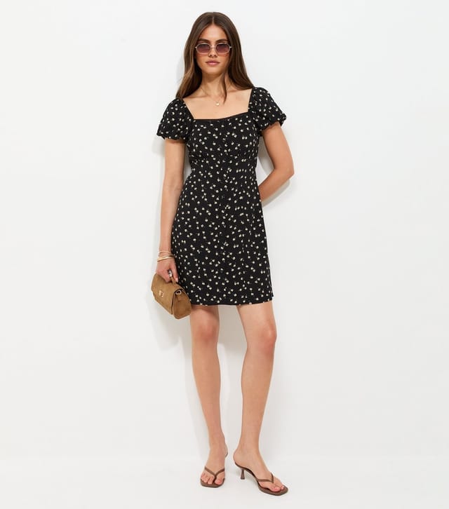 New Look Women's Black Floral Print Button Front Ditsy Print Mini Dress New Look - 3