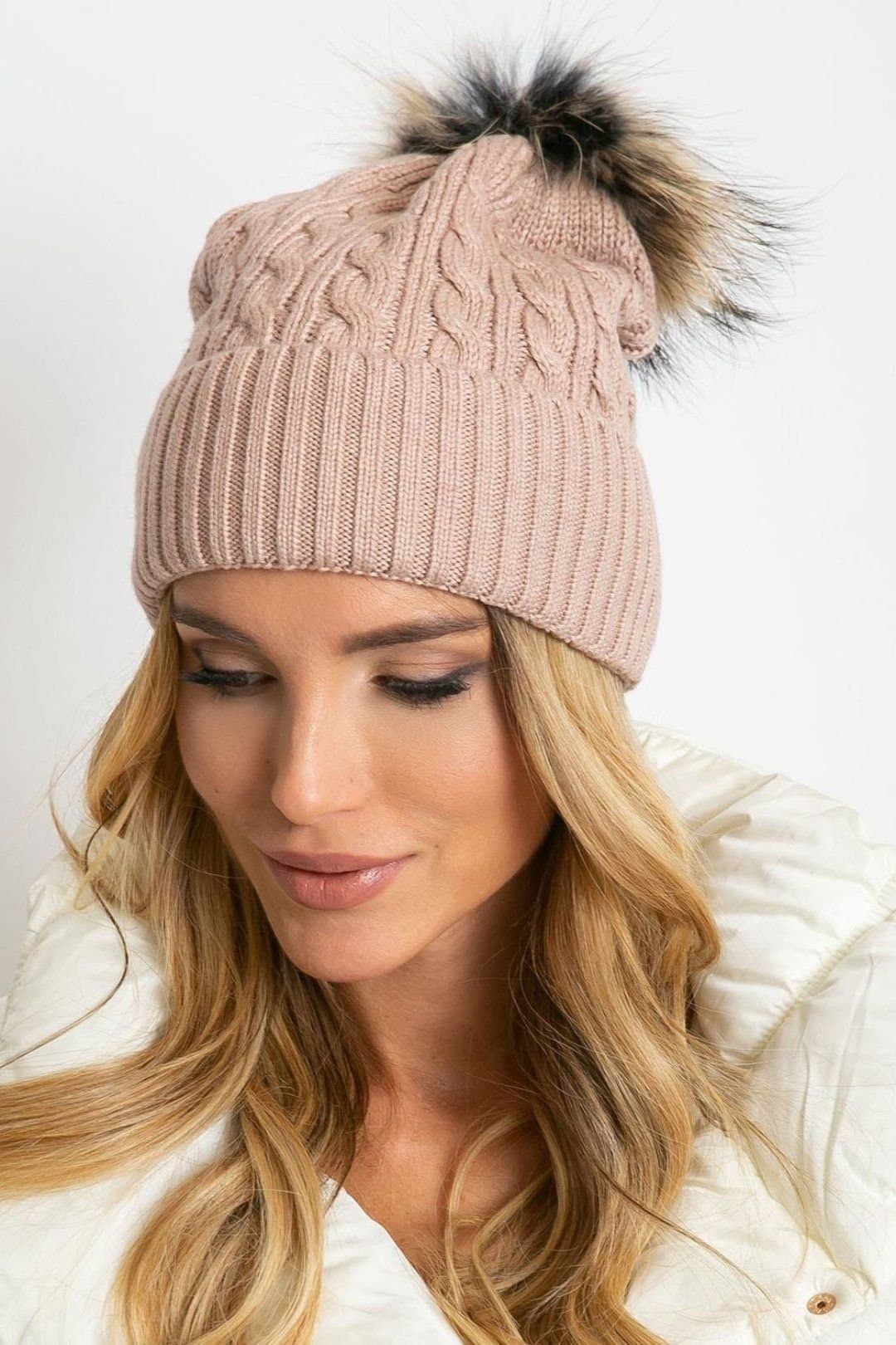 Love Lace Love Lace Women's Wide Cuff Fluffy Pompom Winter Knit Hat for Cold Weather Style in Dusty Pink