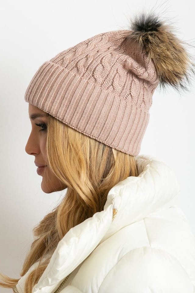Love Lace Love Lace Women's Wide Cuff Fluffy Pompom Winter Knit Hat for Cold Weather Style in Dusty Pink - 2