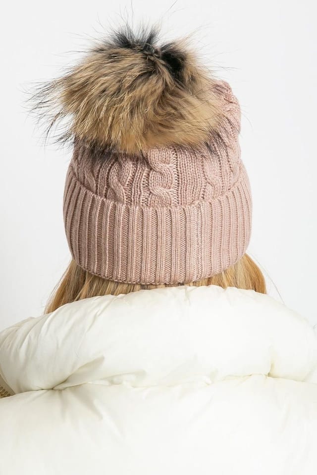 Love Lace Love Lace Women's Wide Cuff Fluffy Pompom Winter Knit Hat for Cold Weather Style in Dusty Pink - 3