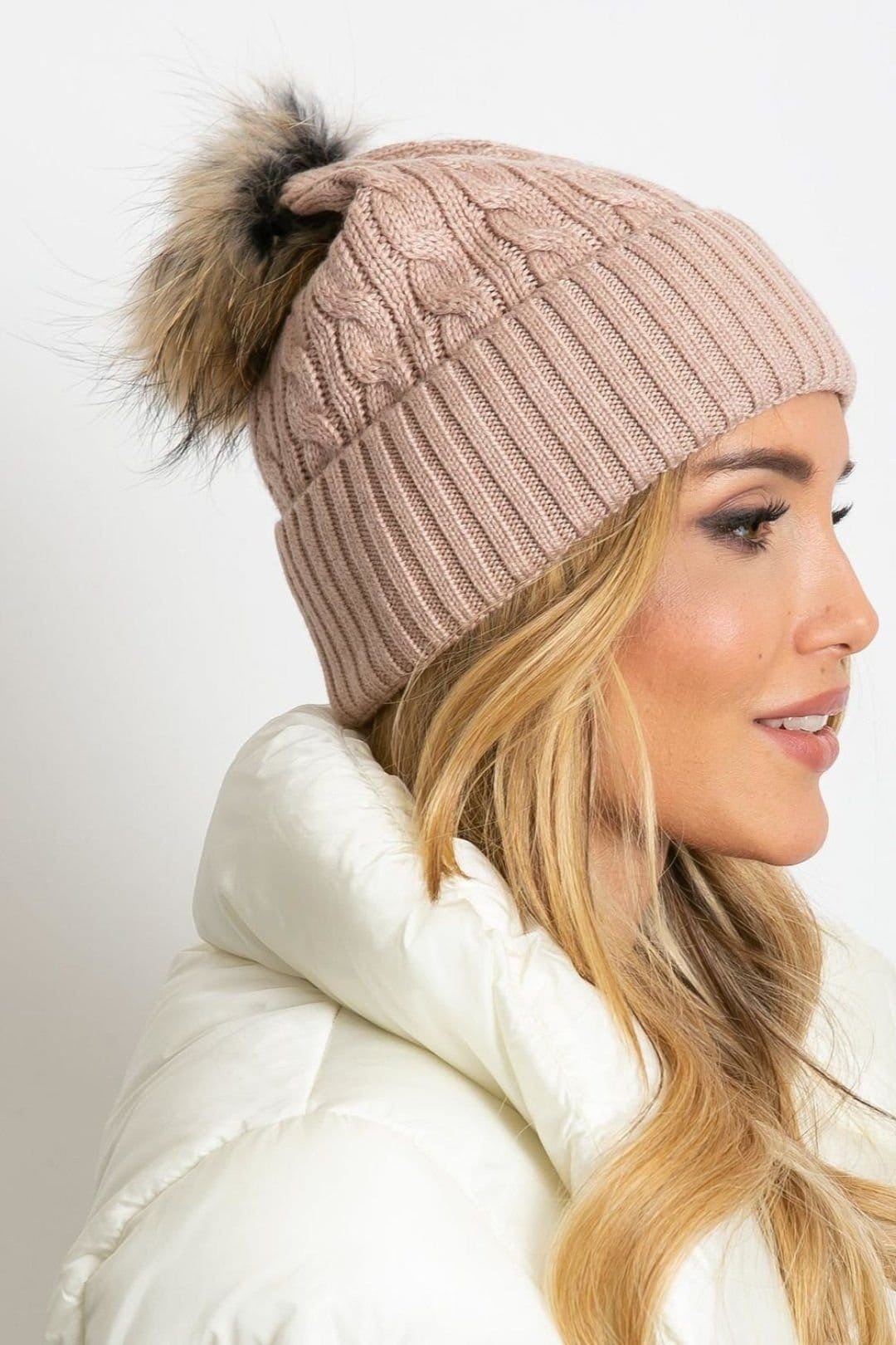 Love Lace Love Lace Women's Wide Cuff Fluffy Pompom Winter Knit Hat for Cold Weather Style in Dusty Pink - 4