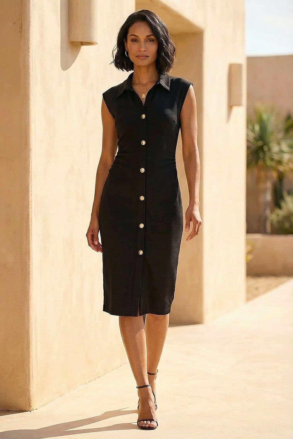 Dusk Dusk Women's Collared Ribbed Midi Dress in Black