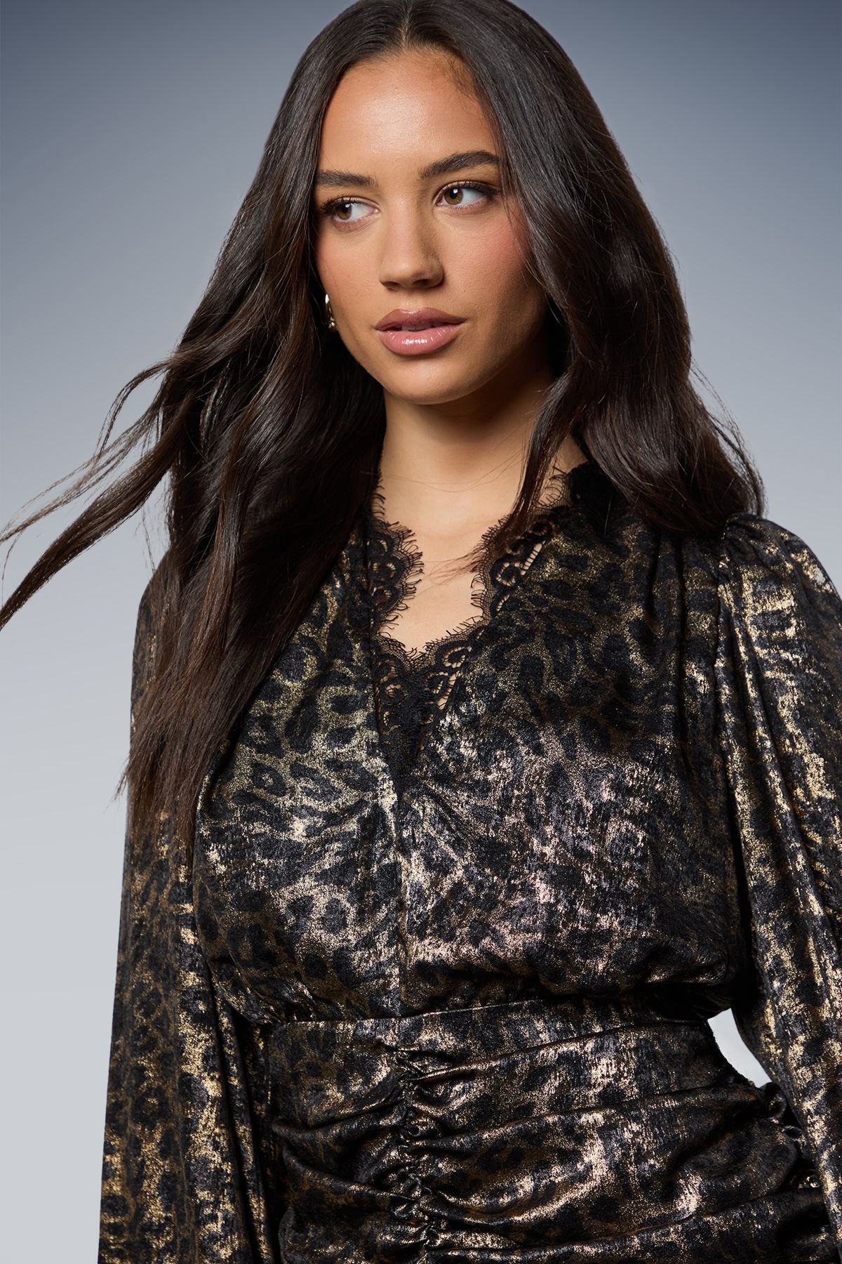 Oasis Oasis Women's Leopard Ruched Skirt V Neck Mini Dress in Animal - 4