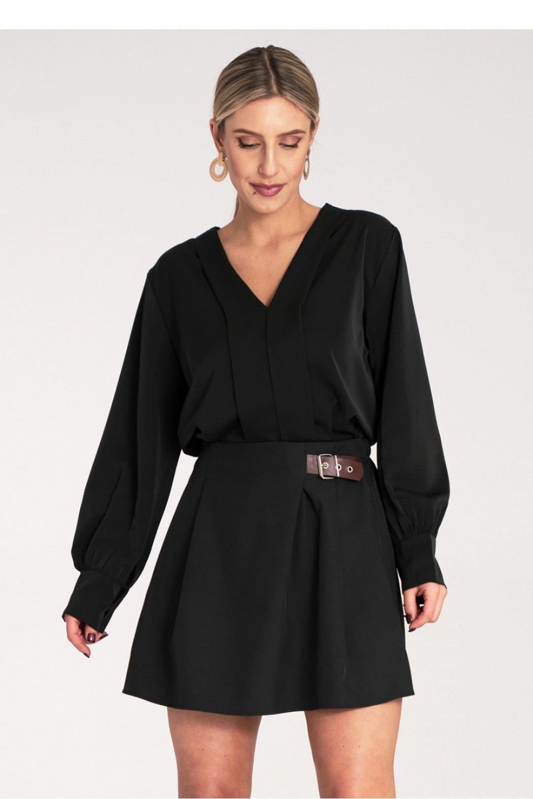 Love Lace Love Lace Women's Long Sleeve Satin V Neck Blouse with Button Cuffs in Black