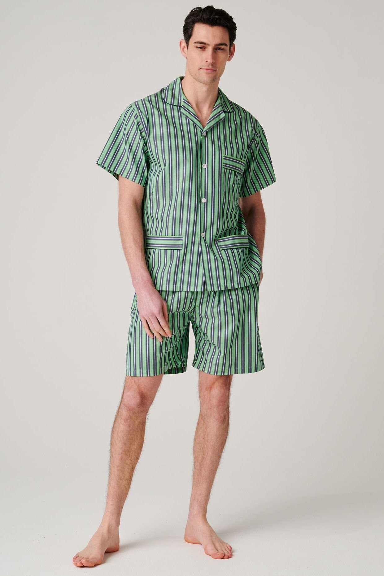 British Boxers British Boxers Men's "Green Flash Stripe" Crisp Cotton Short Pyjama Set in Light Green