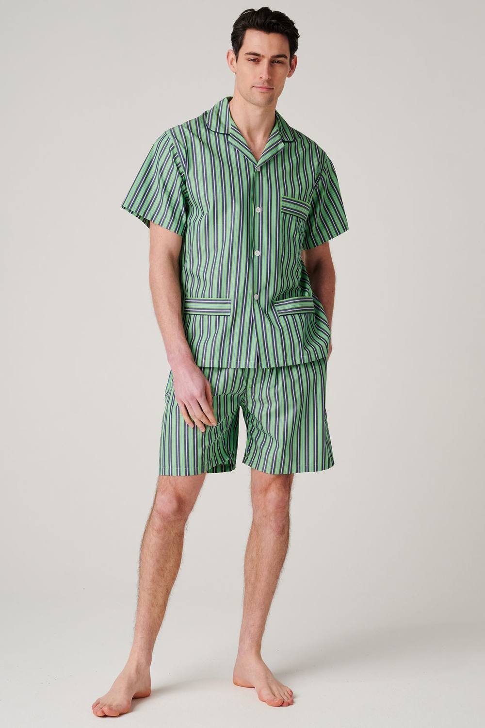 British Boxers British Boxers Men's "Green Flash Stripe" Crisp Cotton Short Pyjama Set in Light Green - 2