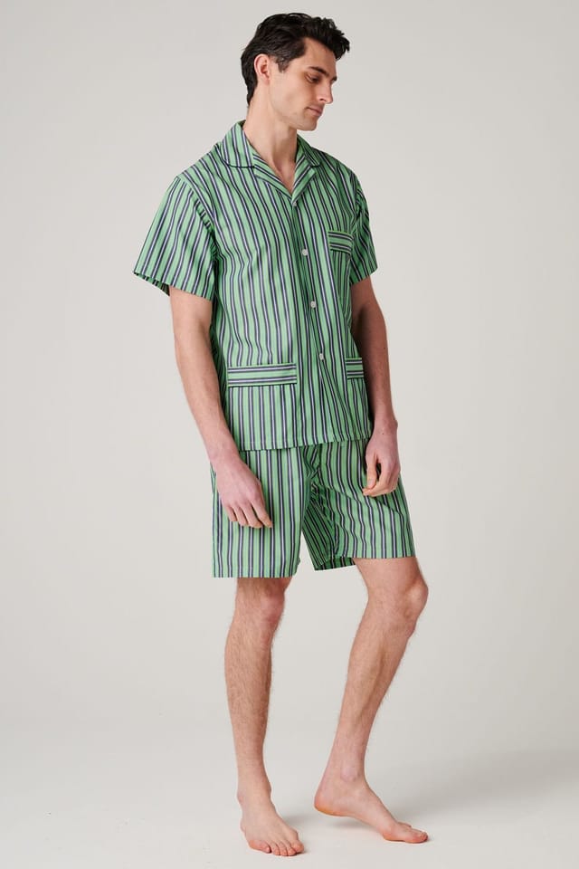 British Boxers British Boxers Men's "Green Flash Stripe" Crisp Cotton Short Pyjama Set in Light Green - 2