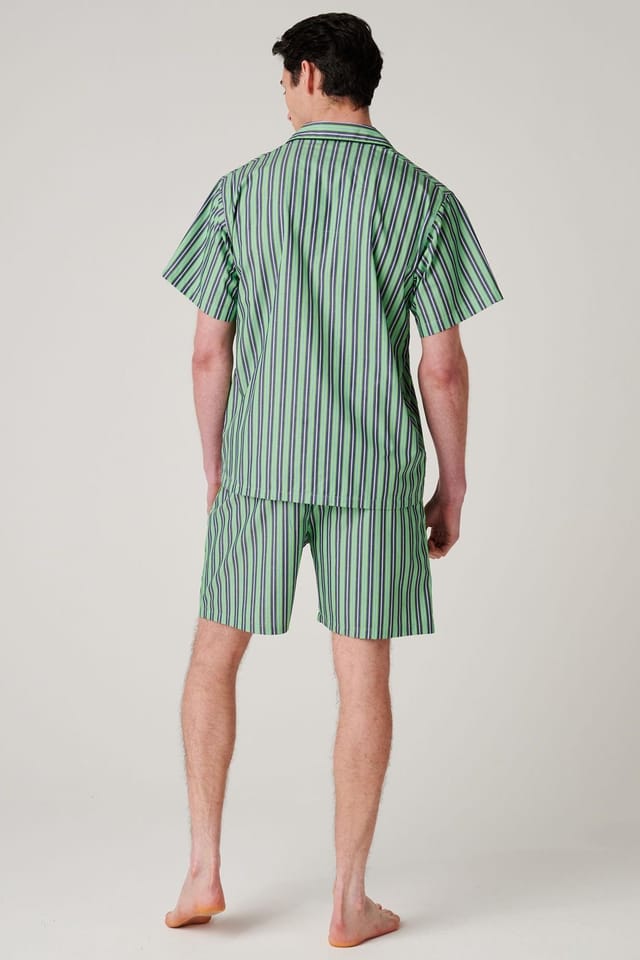 British Boxers British Boxers Men's "Green Flash Stripe" Crisp Cotton Short Pyjama Set in Light Green - 3