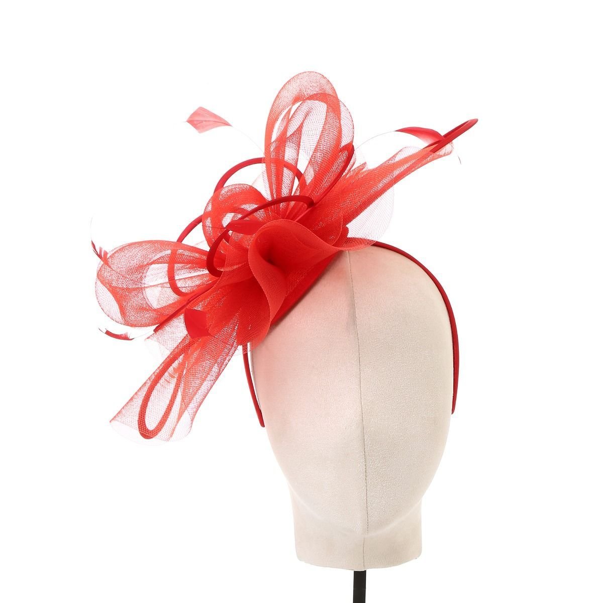 PEACH ACCESSORIES PEACH ACCESSORIES Women's Plain Delicate Mesh Loops & Feather Accents Fascinator in Red - 2