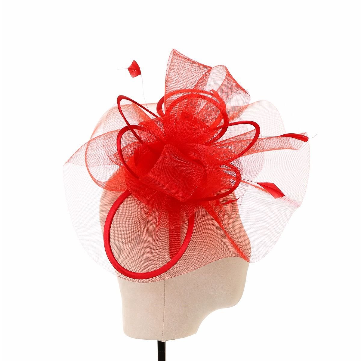 PEACH ACCESSORIES PEACH ACCESSORIES Women's Plain Delicate Mesh Loops & Feather Accents Fascinator in Red - 3