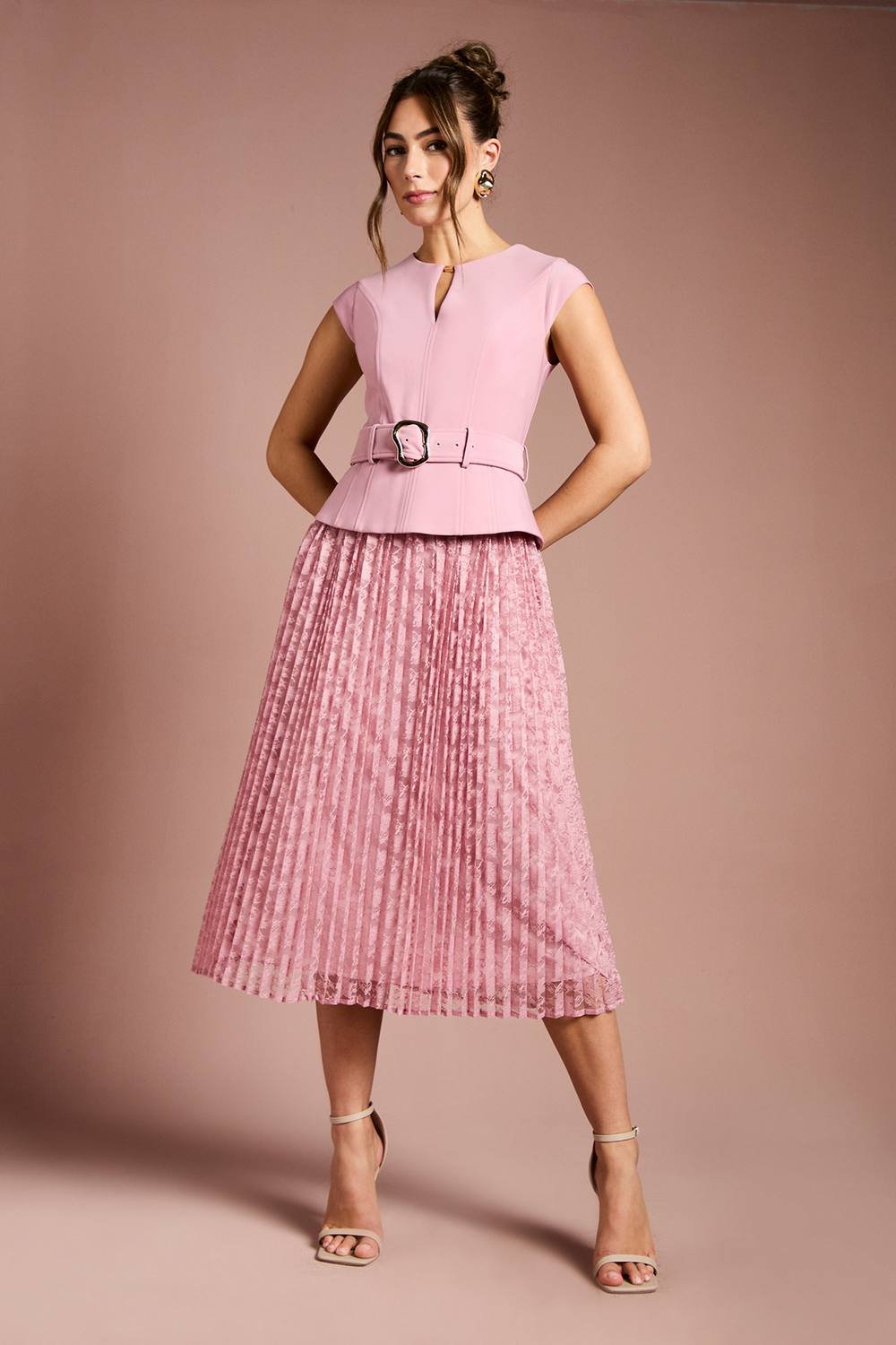 Coast Coast Women's Crepe Bodice Belted Lace Pleated Midi Dress in Antique Rose - 2