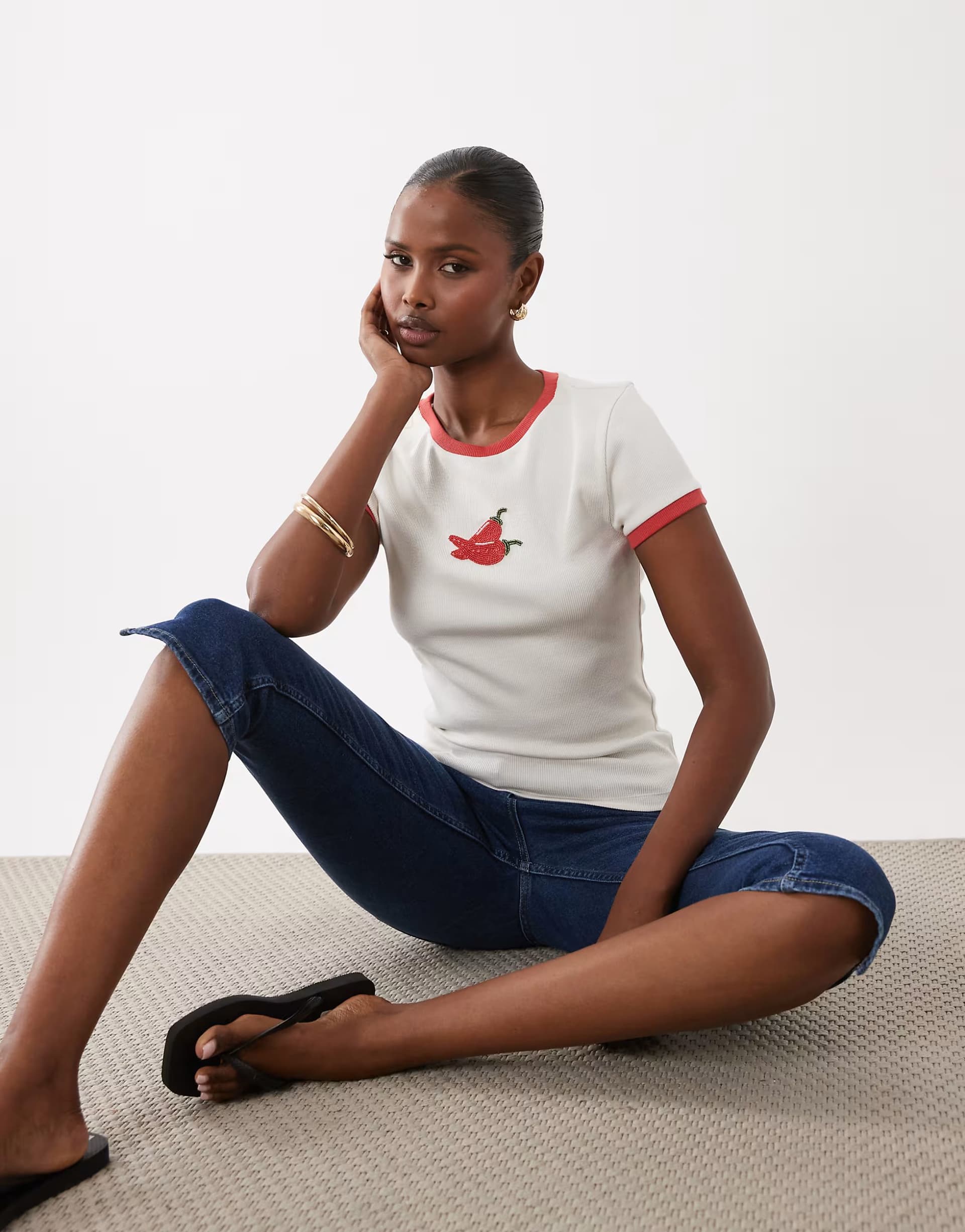 ASOS ASOS DESIGN ringer rib baby tee with chilli beaded graphic in white