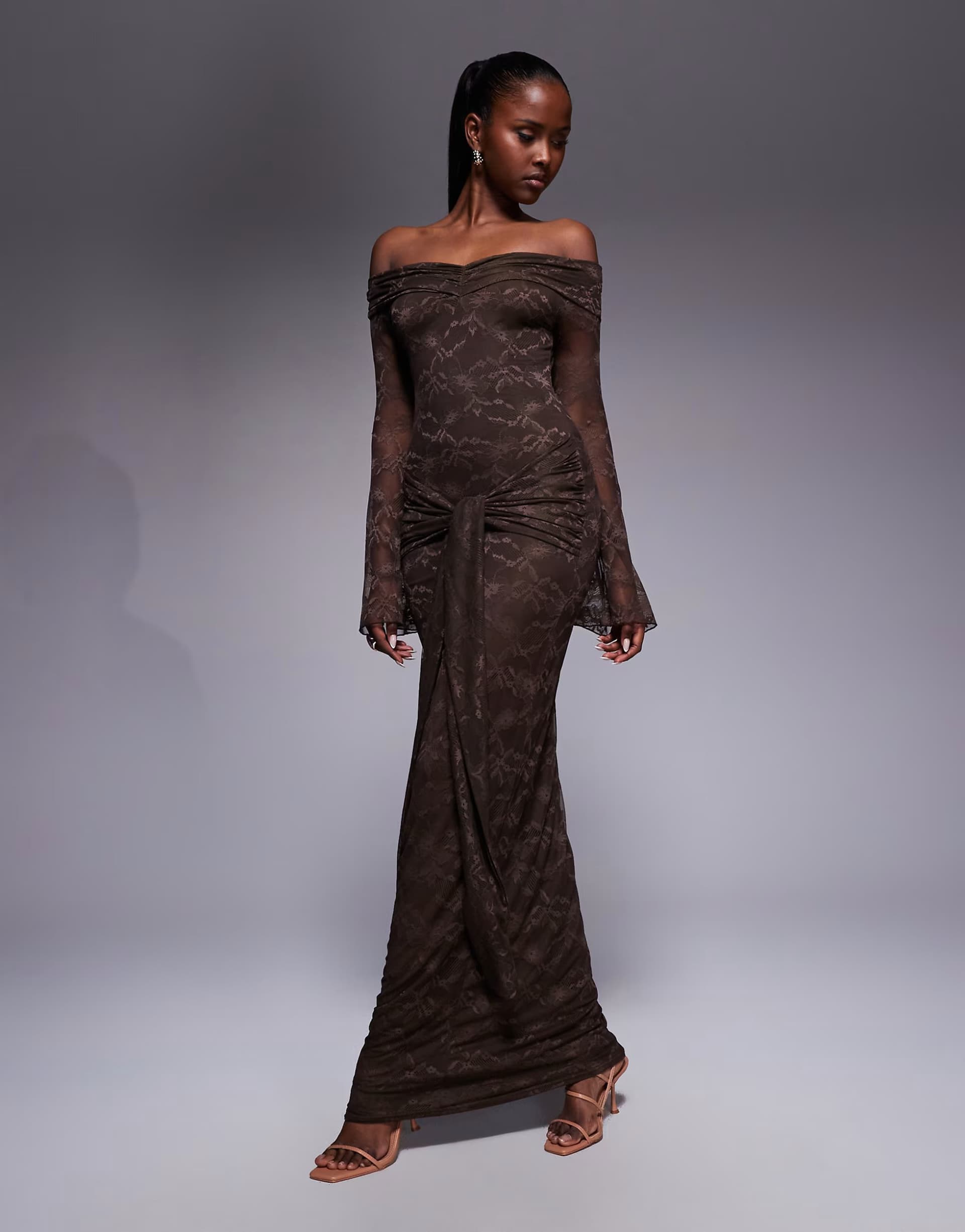 ASOS Kaiia exclusive double layered slinky lace bardot flare sleeve tie waist drape detail maxi dress in chocolate