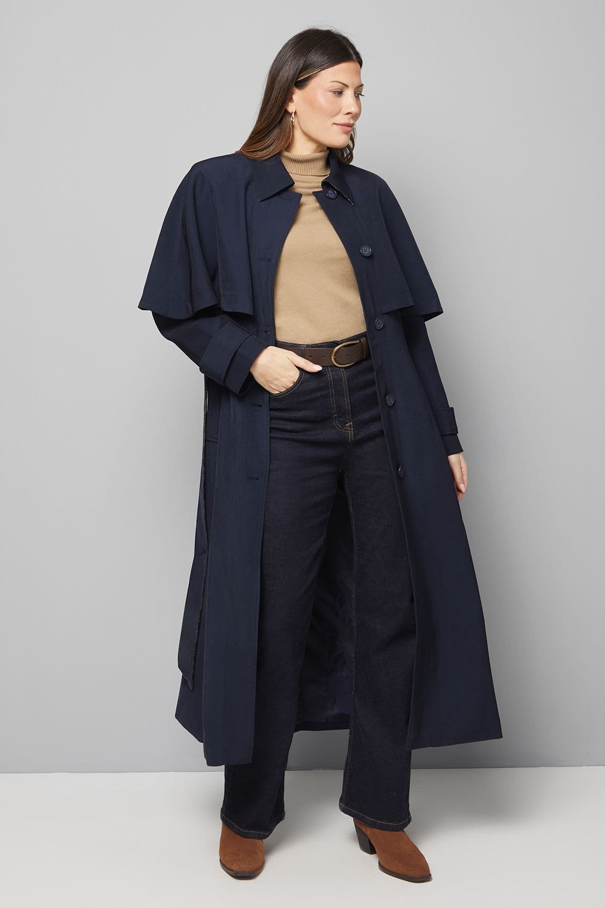 Wallis Women's Belted Cape Coat in Navy