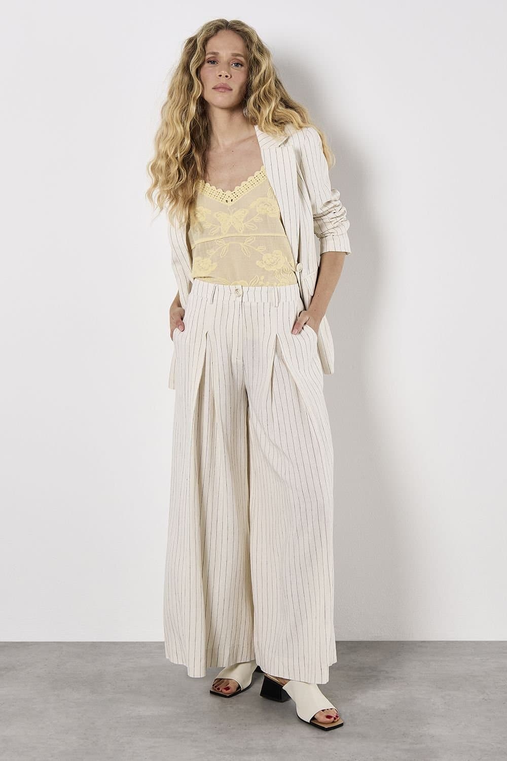 Apricot Apricot Women's Pinstripe Pleat Palazzo Trousers in Stone