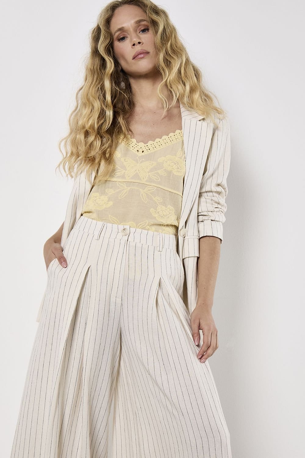 Apricot Apricot Women's Pinstripe Pleat Palazzo Trousers in Stone - 4