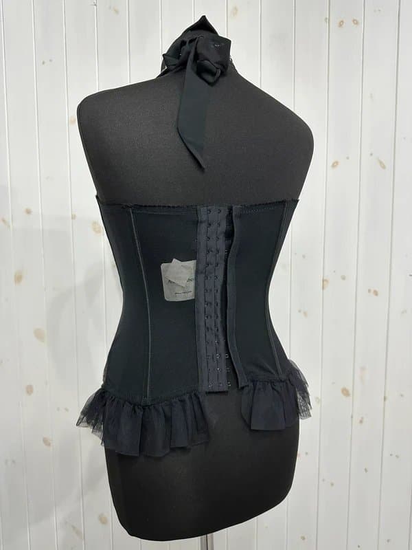 Ann Summers Ann Summers mauve pink & black lace corset bustier halterneck top frills mesh details
