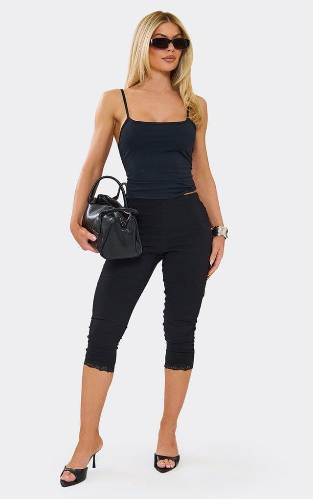 EGO Mid Rise Lace Trim Capri Leggings In Black, Women's Size UK 6 - 2