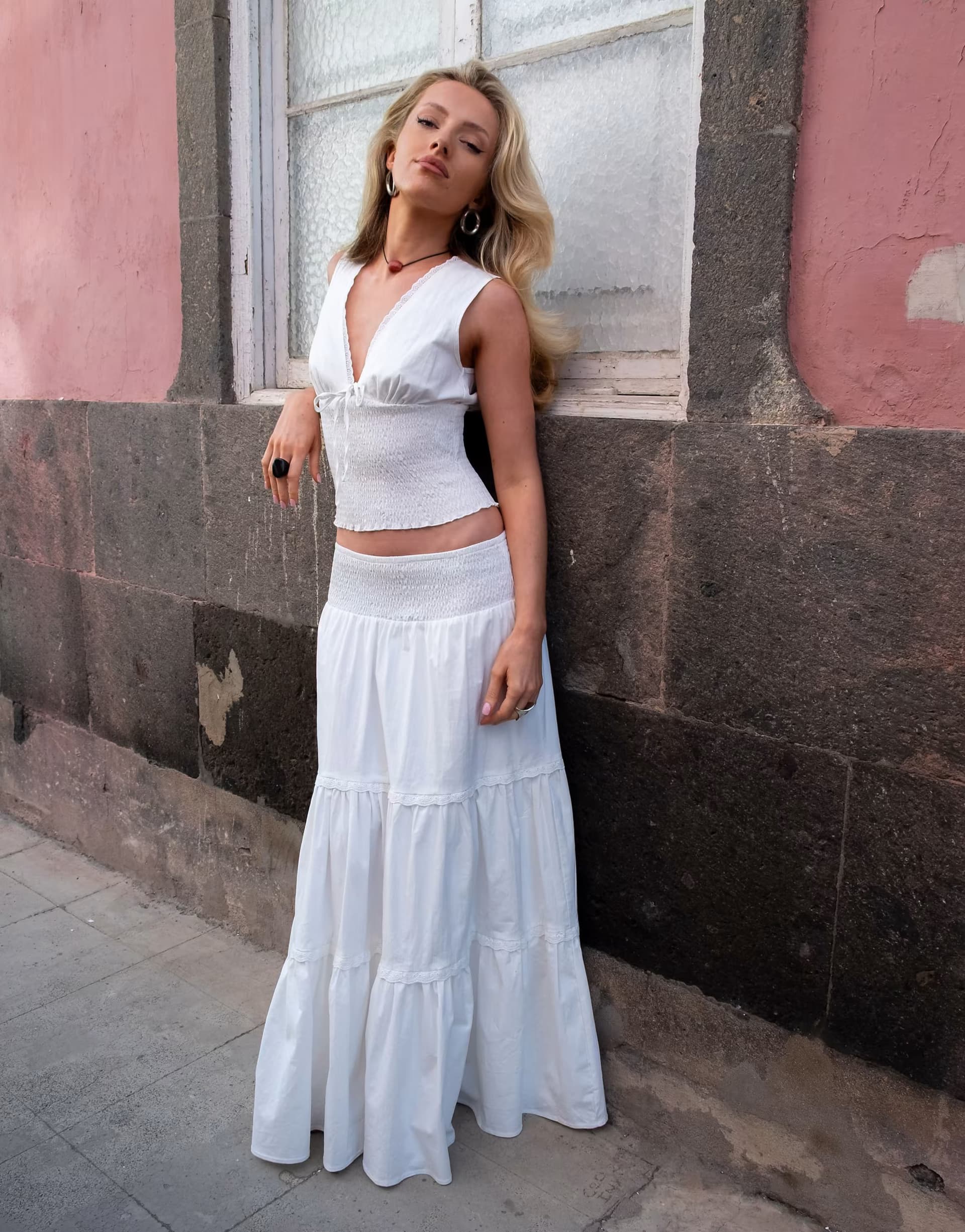 ASOS ASOS White Broderie Drop Waist Tiered Maxi Skirt Co-ord