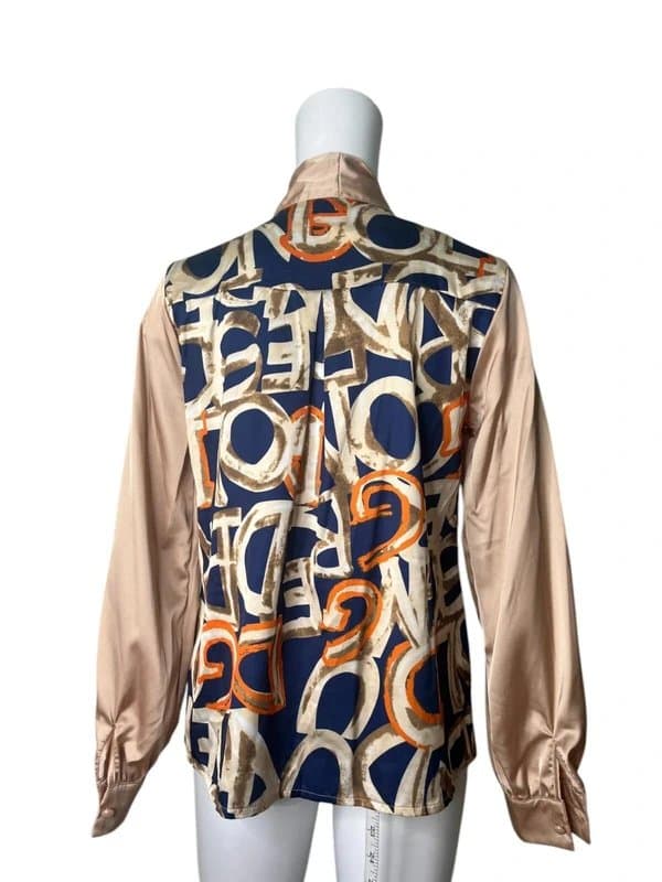 CBR CBR Top Shirt Size Medium Women's Beige & Blue Mix Satin Cotton NEW EU42 RRP £29