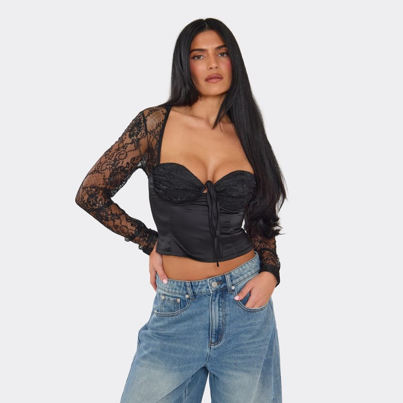 EGO Lace Long Sleeve Underwired Cup Tie Detail Top In Black Satin, Women's Size UK 8 - 1