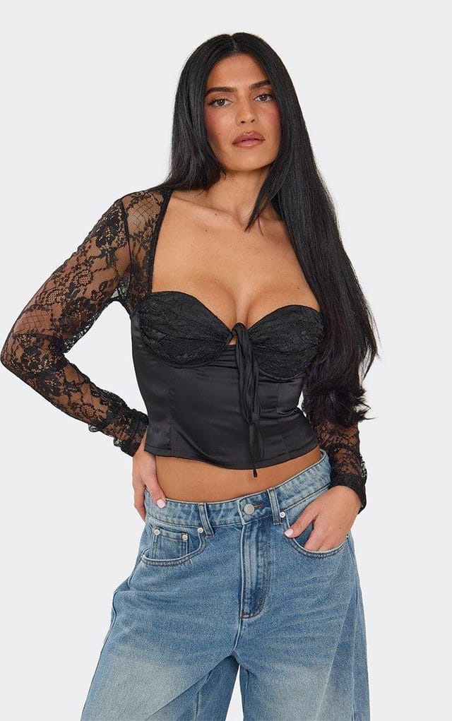 EGO Lace Long Sleeve Underwired Cup Tie Detail Top In Black Satin, Women's Size UK 8 - 2