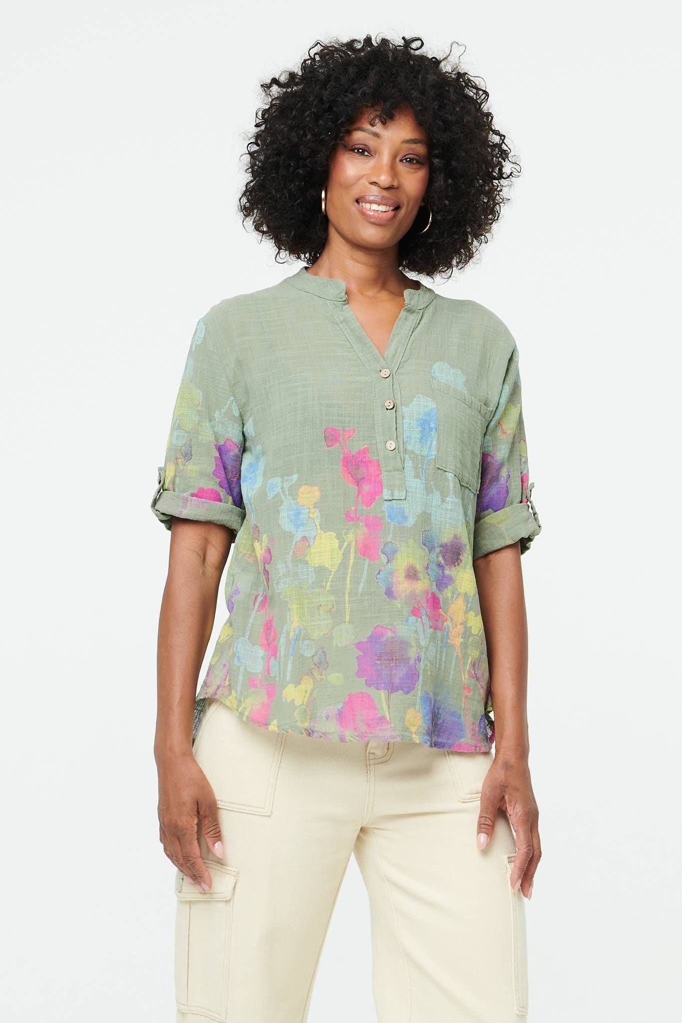 Izabel London Izabel London Women's Floral Turn-Up Sleeve Curve Hem Blouse in Khaki