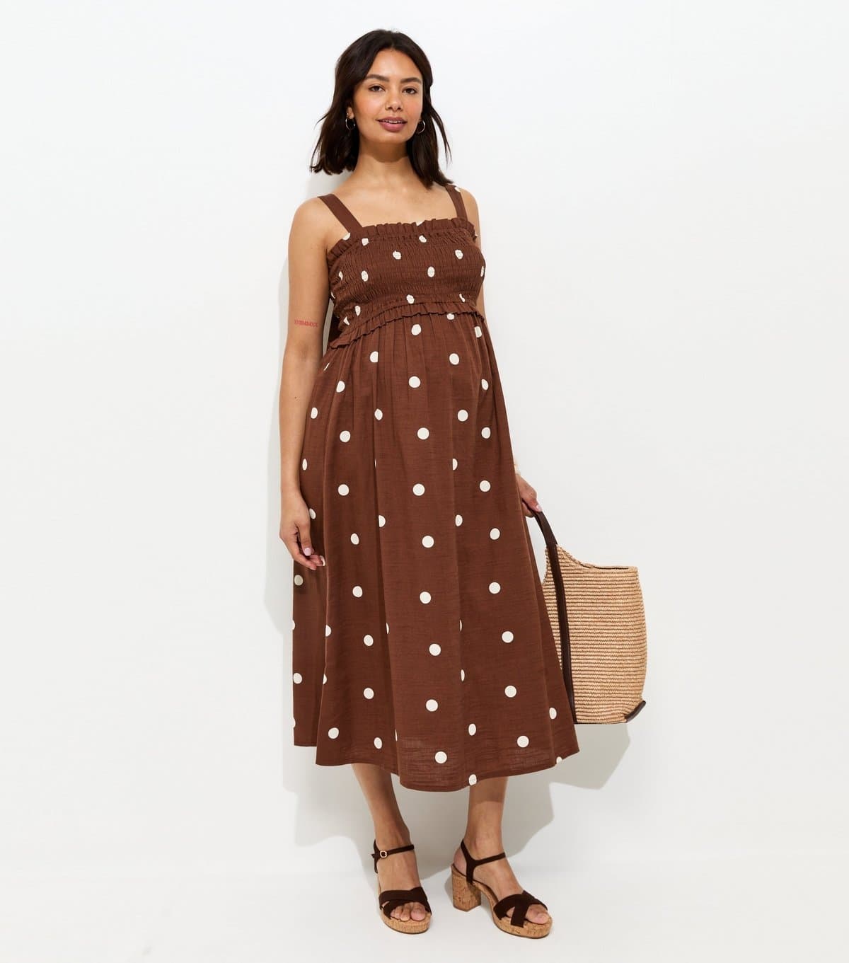 New Look Women's Maternity Brown Polka Dot Bow Back Midi Dress New Look