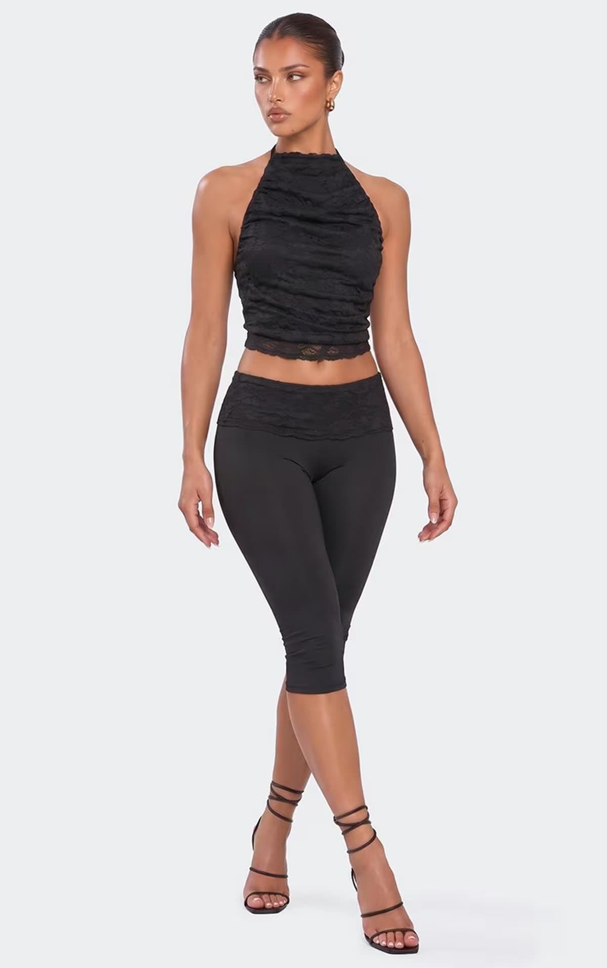 EGO Low Waist Lace Panel Capri Trousers In Black, Women's Size UK 6