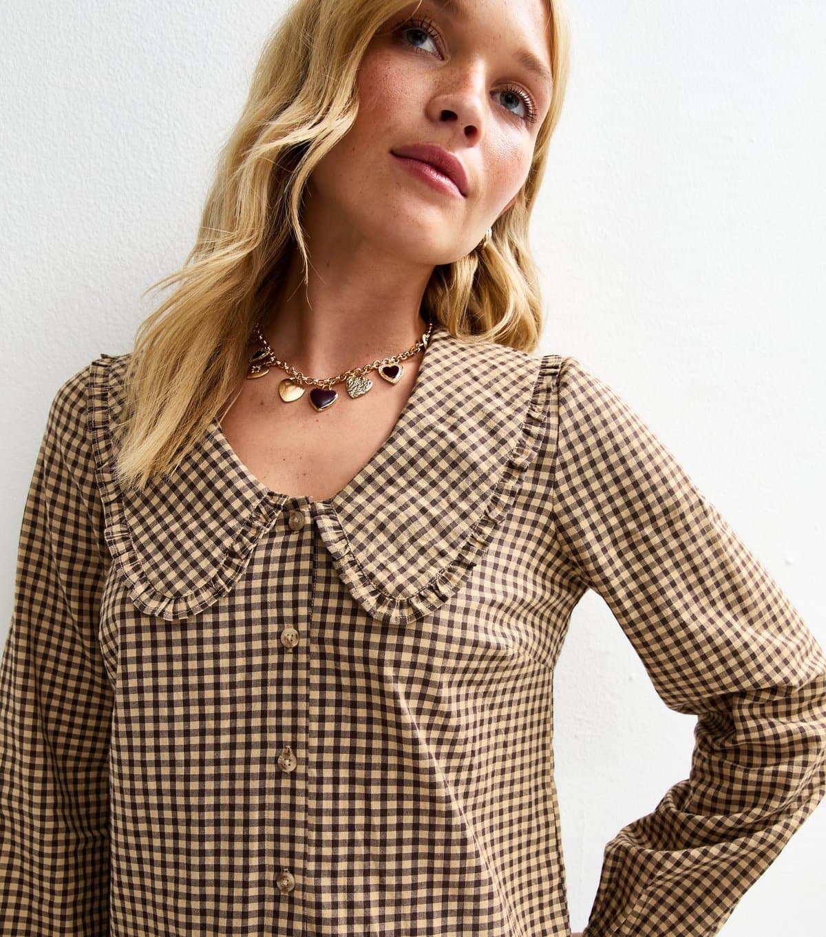 New Look Women's Brown Gingham Check Frill Collar Blouse New Look