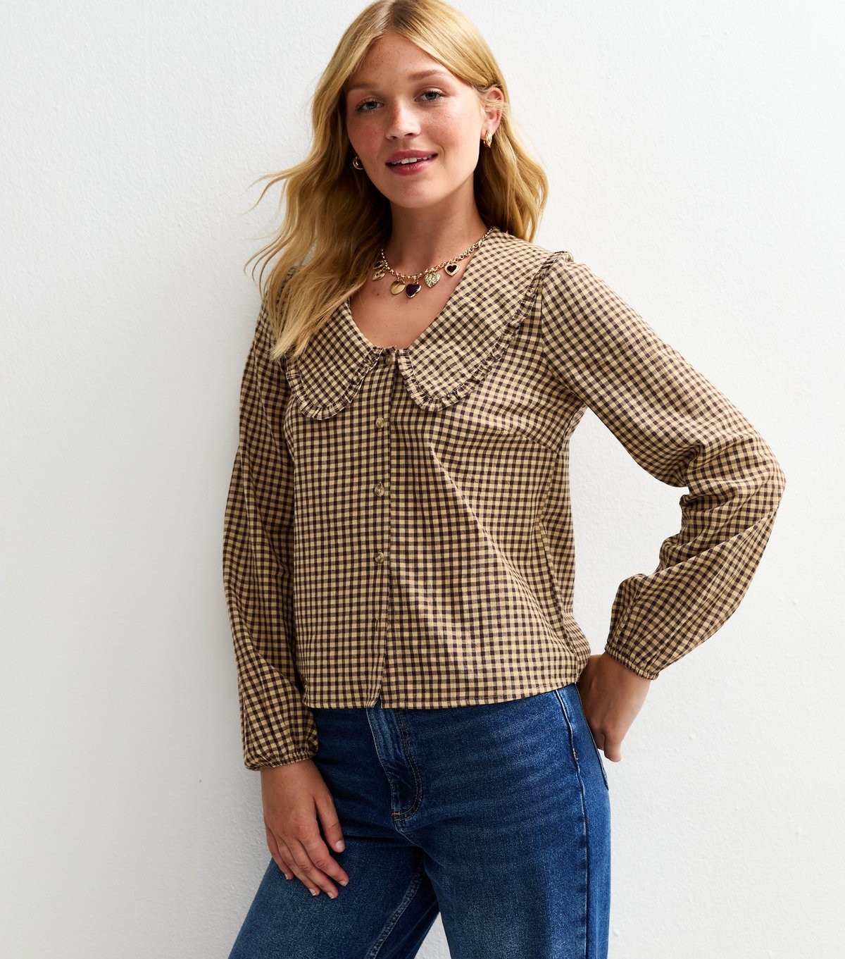 New Look Women's Brown Gingham Check Frill Collar Blouse New Look - 3