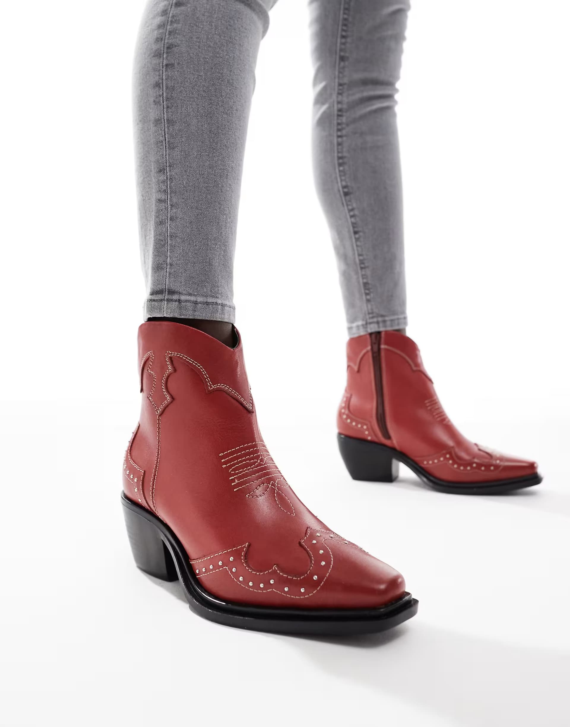 ASOS OFF THE HOOK 'GRANGE' Block Heel High- Ankle Leather Boots in Red