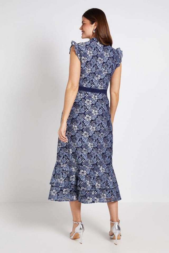 Wallis Wallis Women's Lace Ruffle Sleeve Midi Dress in Navy - 3