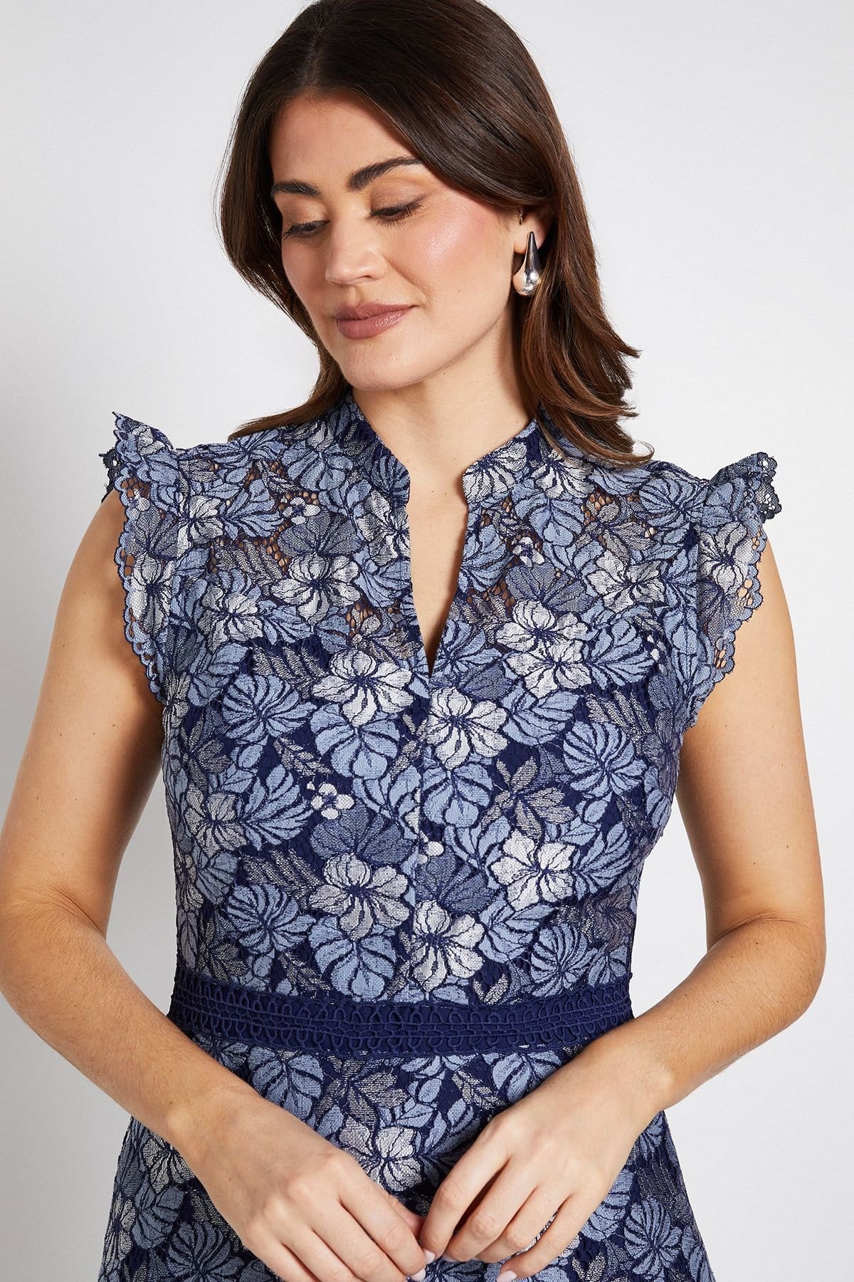 Wallis Wallis Women's Lace Ruffle Sleeve Midi Dress in Navy - 4