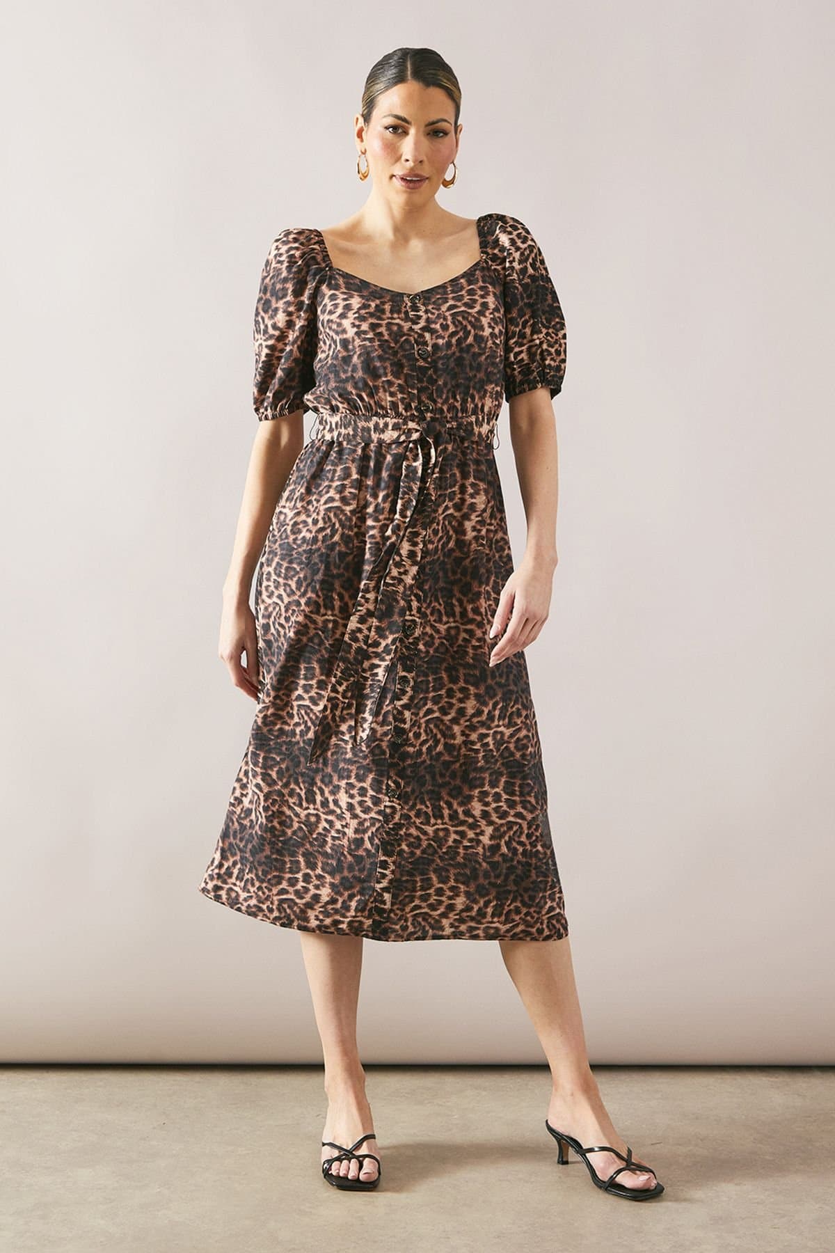 Wallis Wallis Women's Leopard Print Button Belted Midi Dress in Brown