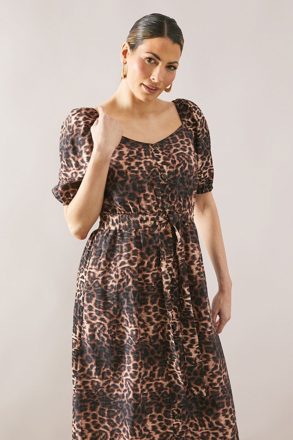 Wallis Wallis Women's Leopard Print Button Belted Midi Dress in Brown - 4