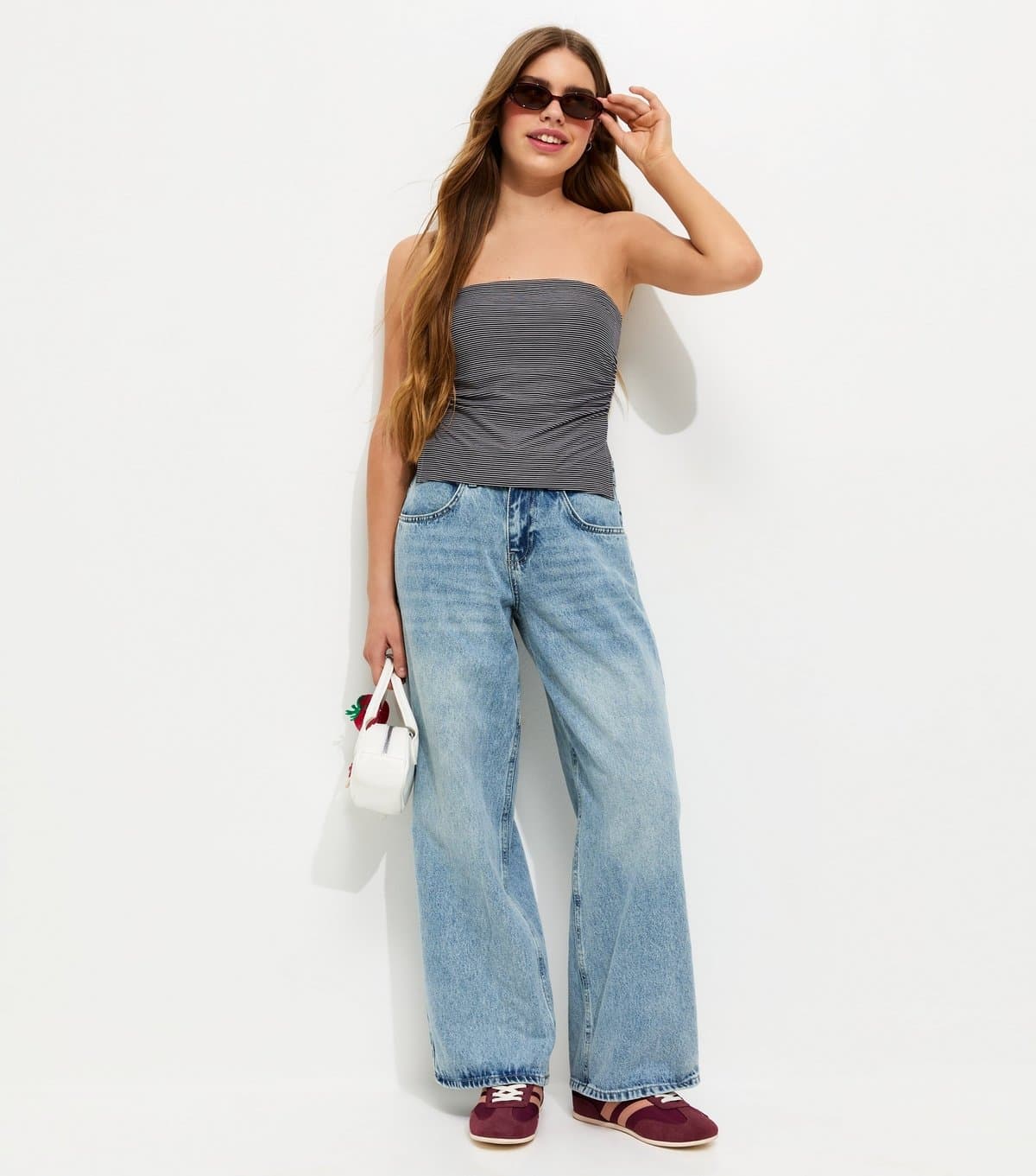 New Look Girls' Blue Striped Ruched Side Bandeau Top New Look