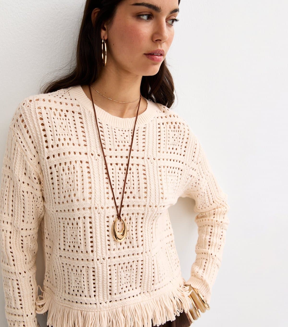 New Look Women's Oatmeal Cotton Rich Square Cut Out Fringed Jumper New Look