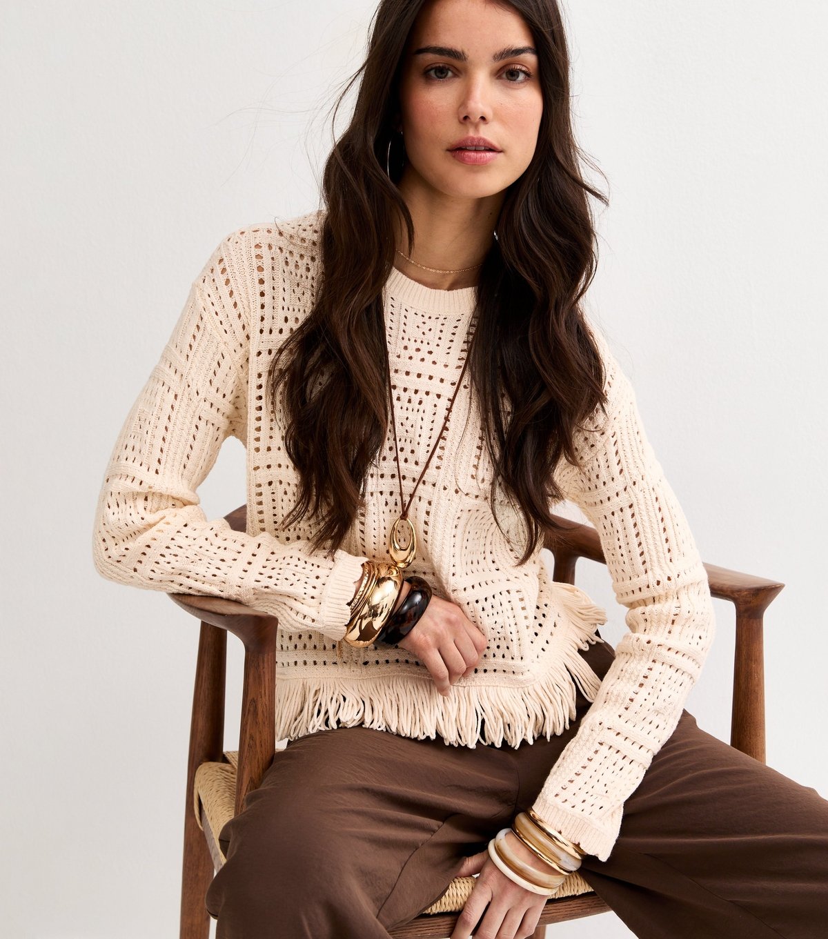 New Look Women's Oatmeal Cotton Rich Square Cut Out Fringed Jumper New Look - 2